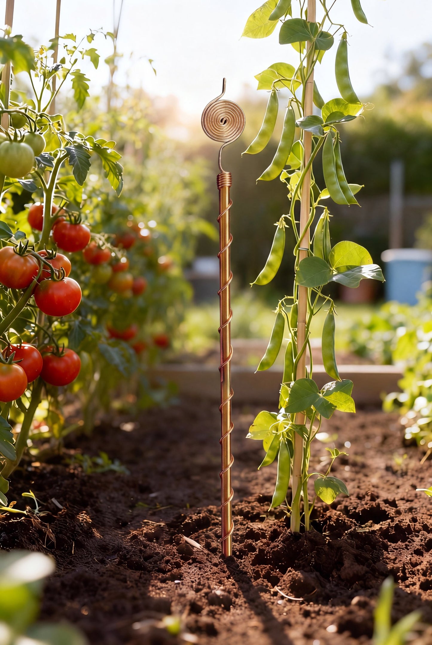 Antenne d'électroculture en cuivre Kopero de 60 cm entre des plants de tomates et de haricots dans le potager