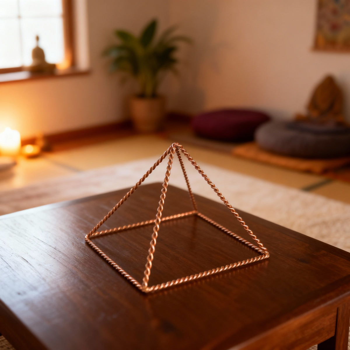 Pyramide énergisante en cuivre torsadé Kopero Petite (14,56 cm) sur une table basse dans un espace de méditation